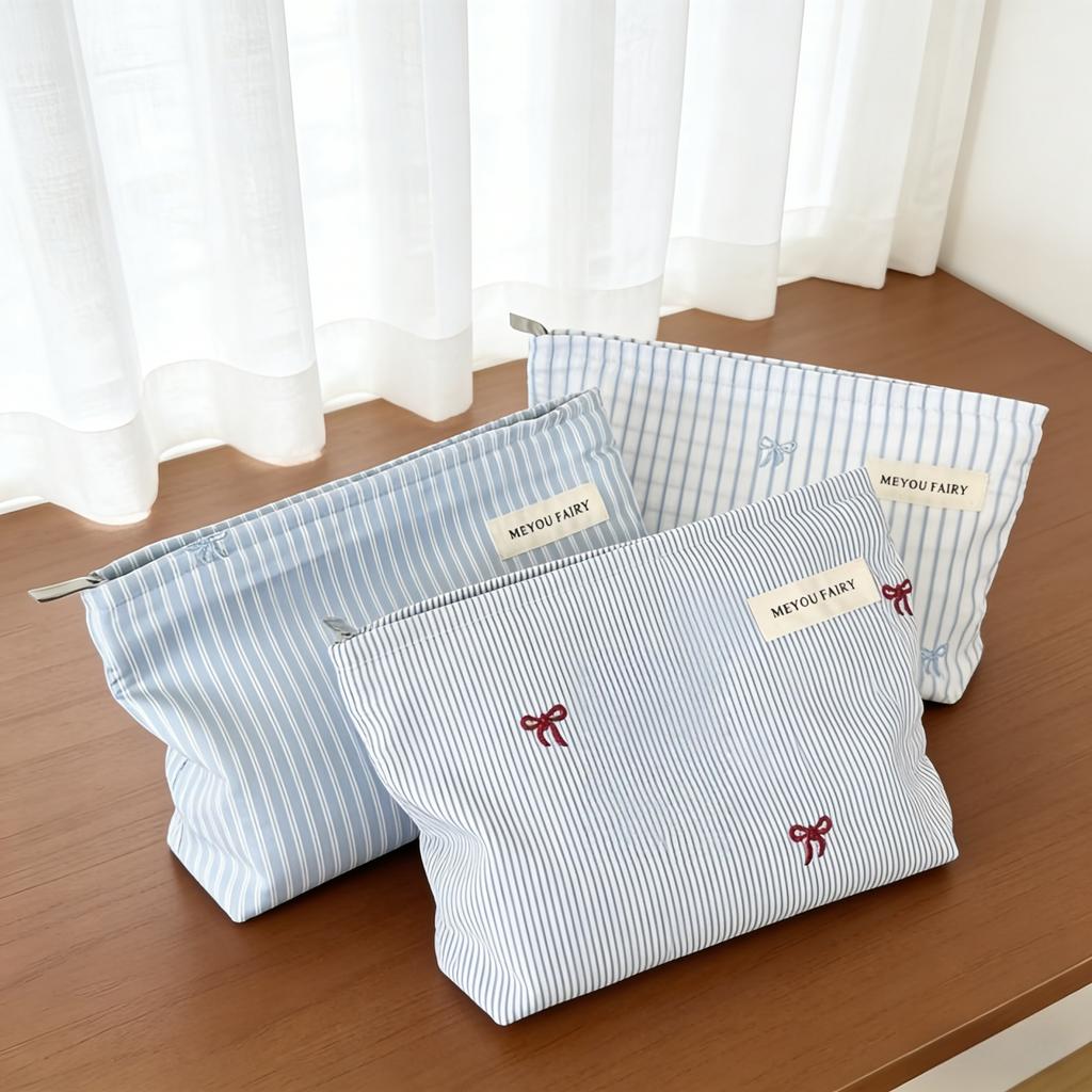 Blue and White Striped Bow Embroidered Makeup Bag, Zippered Storage Bag, Portable Travel Cosmetics and Skincare Storage Bag