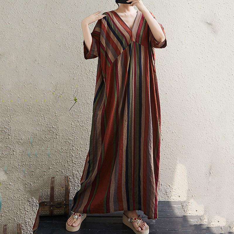 Short Sleeve Plus Size Cotton Vintage Stripe New In Dresses for Women Casual Loose Long Summer Dress