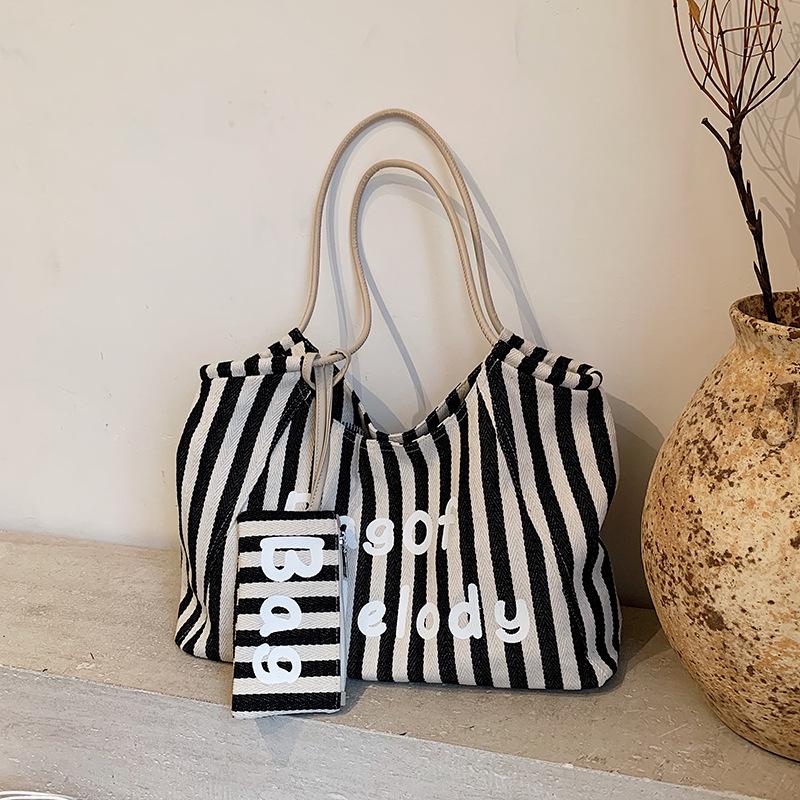 Canvas Striped Tote Bag - Women's College Style Handbag & Shoulder Bag