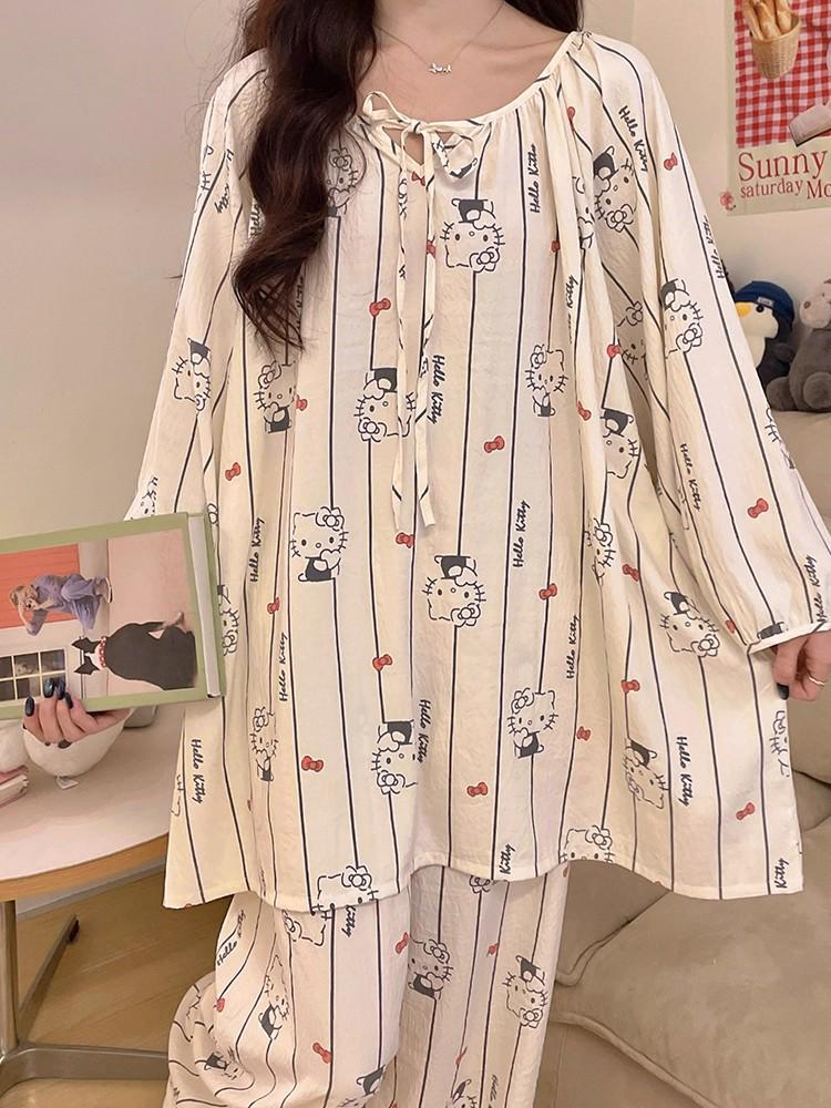 Women's Sweet Pure Cotton Pajama Set - Round Neck, Long Sleeve, Long Pants, Comfortable Home Wear for Spring & Autumn