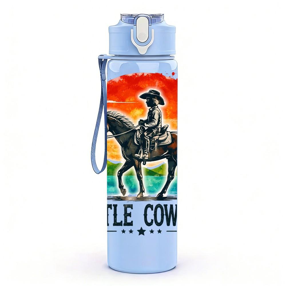 1PC Little Cowboy Horse Rider Western Print 750ml Color Plastic Sports Water Bottle Leakproof Flip Straw Lid Suitable for Sports Office Home Use