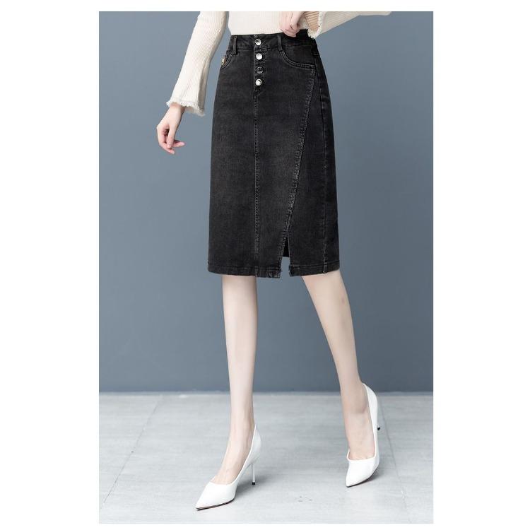Fashionable High-Waisted Women's Spring and Autumn Denim Skirt with Hip-Hugging Slit, Summer Hip-Hugging Step Skirt