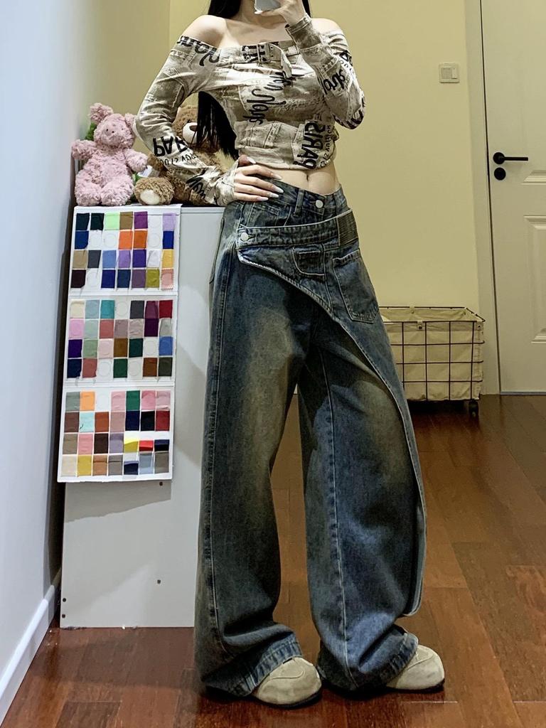 Damen Jeans im amerikanischen Retro-Patchwork-Stil mit weitem Bein, Frühjahr 2026 Bodenlanges Design