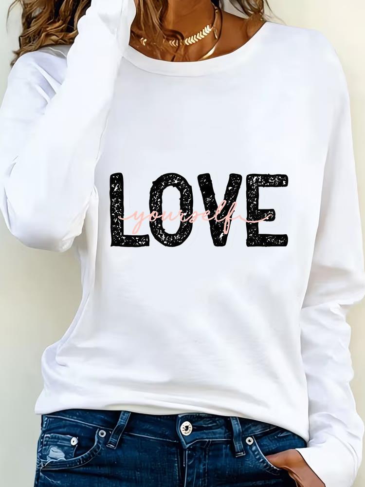 (Asian Size) Print T Shirt Tee Women letter style trend Clothing autumn winter spring Casual Fashion Top o-neck Graphic Long Sleeve T-shirts