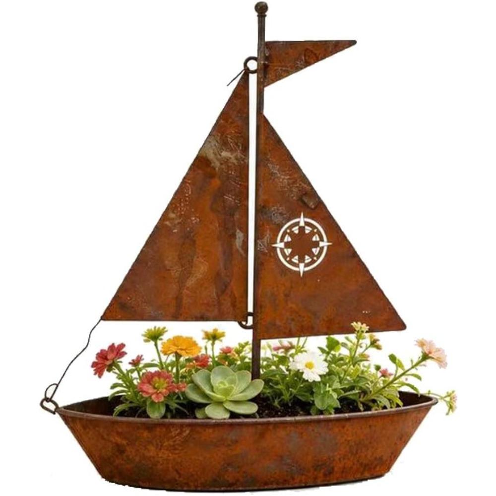 

Rustic Sailboat Metal Planter,Metal Sailboat Garden Stake, Rustic Iron Yard Art, Vintage Nautical Theme Ideal for Garden, Patio, Outdoor Home Decor коричневий