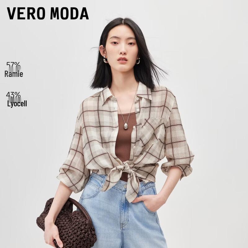 VEROMODA Women s Ramie-Lyocell Blend Color-block Plaid Summer Shirt S