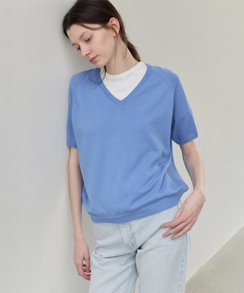 Leuba Fresh Cotton V-Neck Knit - Harbor Blue