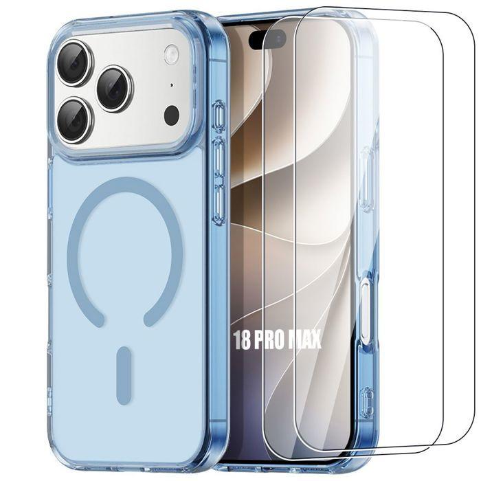 Coque + 2 Verres Trempés pour iPhone 18 Pro Max, Anti-Rayures Antichoc avec Anneau Magnétique Bleu