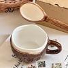 Unique Textured Breakfast Bowl Vintage Coconut Shell Ceramic Mug, Handmade Irregular Coffee Cup with Spoon, Cereal Mug Rustic Texture Oatmeal Tea for
