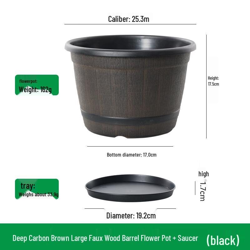 Vintage Imitation Wood Barrel Plastic Planter with Tray