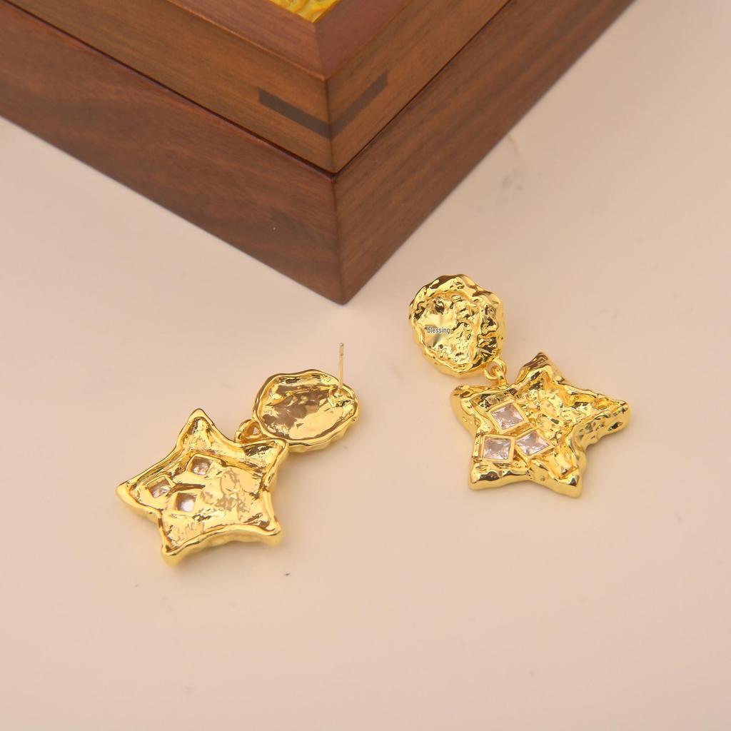French Luxury Zircon Star Drop Earrings: Niche Design, Irregular Texture, Five-Pointed Star Studs