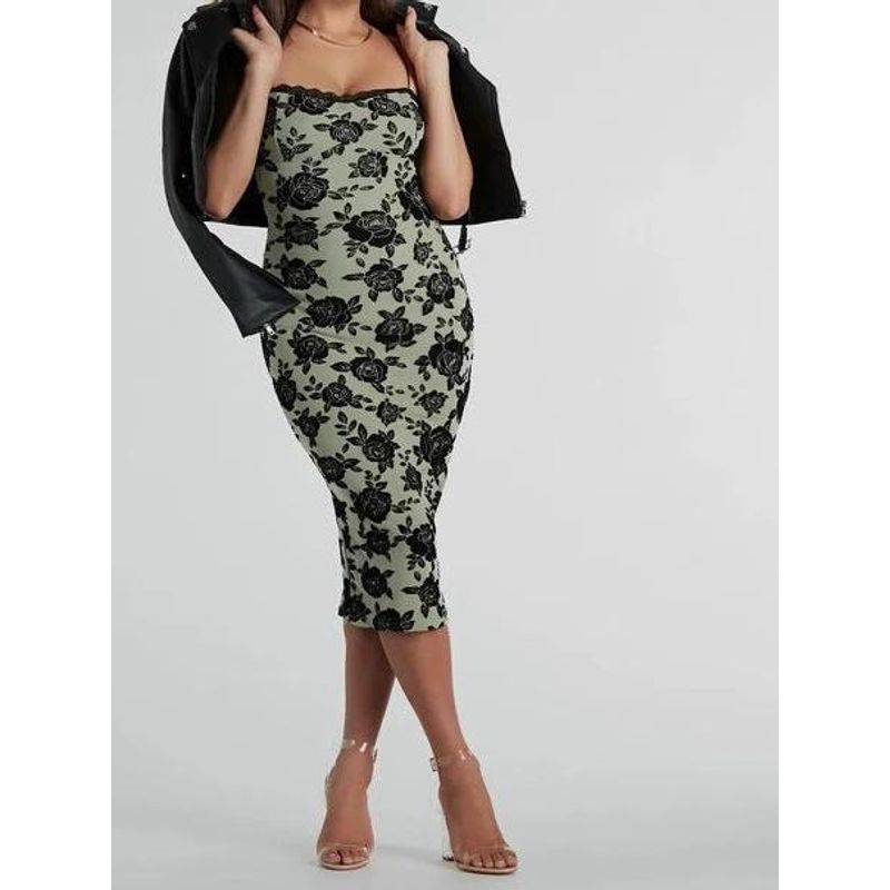 Foreign Trade Order Cross-Border Sling Sexy Pure Desire French Style Exquisite Printed Lace Slim Fit Sheath Flattering Figure Dress Women