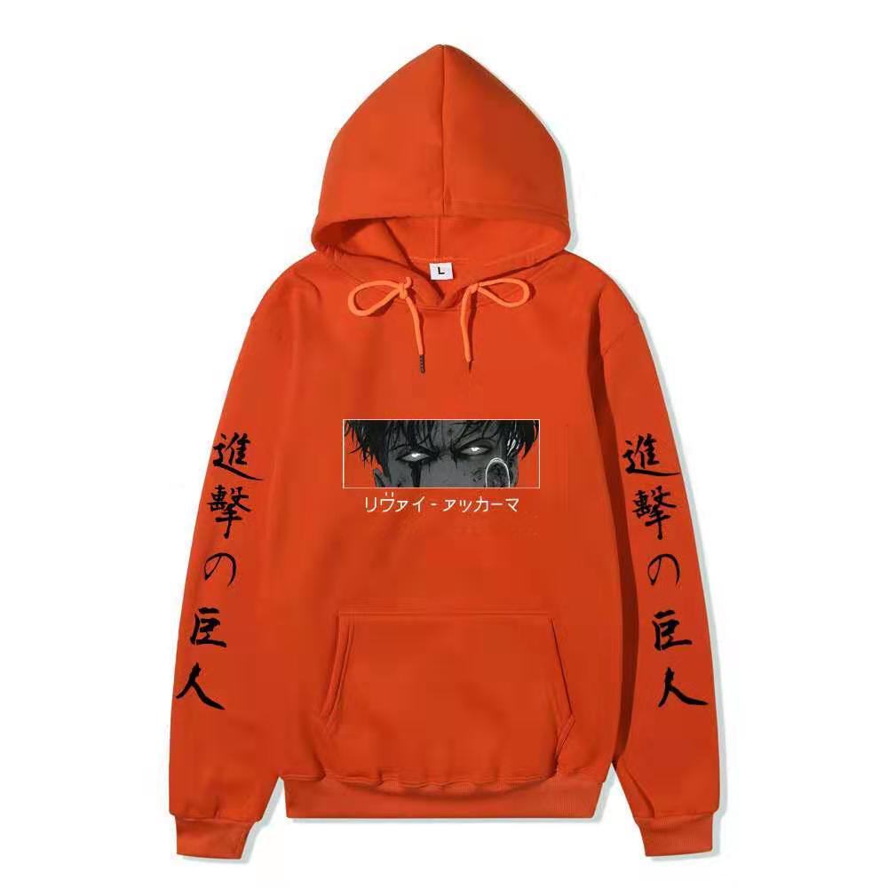 Anime Attack On Titan Levi Ackerman Hoodie, Double Sleeve Japanese Text Print Pullover Sweatshirt Long Sleeve Streetwear for Men Women