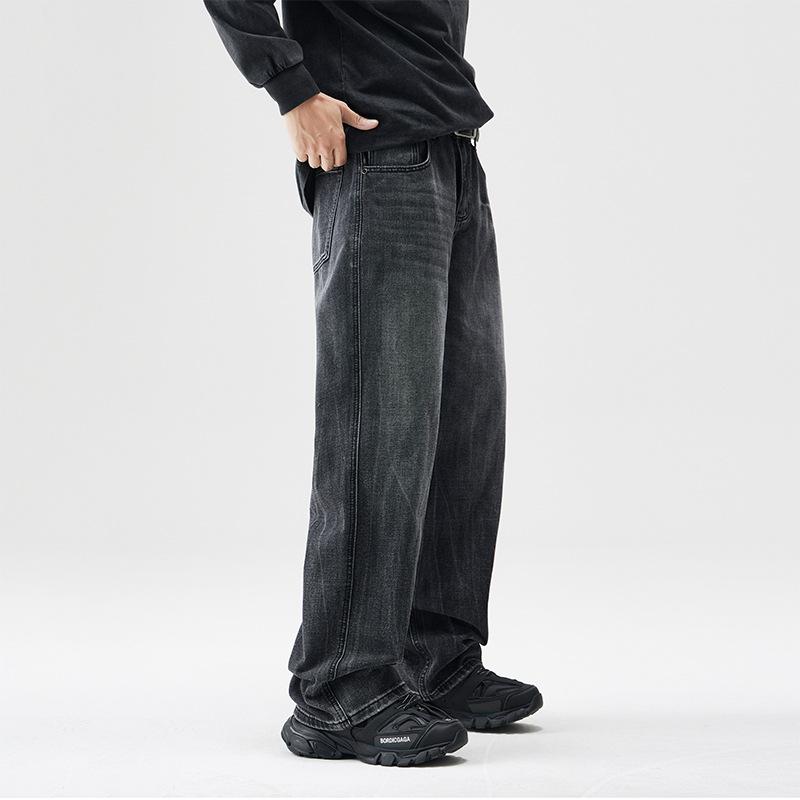 Autumn and winter black American high street washed old trendy jeans men's loose casual retro straight wide-leg pants