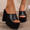 Black Leather Women's Platform Block Heel Mules Open Toe Chunky Sole Slides for Spring Summer Fashion Female Shoes Size 35-43