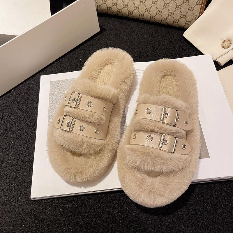 

Internet celebrity popular fluffy slippers women wear autumn and winter plush slippers go out soft bottom versatile new thick bottom cotton mop 41 хаки