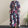 Johnature Simple Bohemian Dresses Women Summer O-neck Short Sleeve Floral Print Loose Navy Female Pockets Dresses