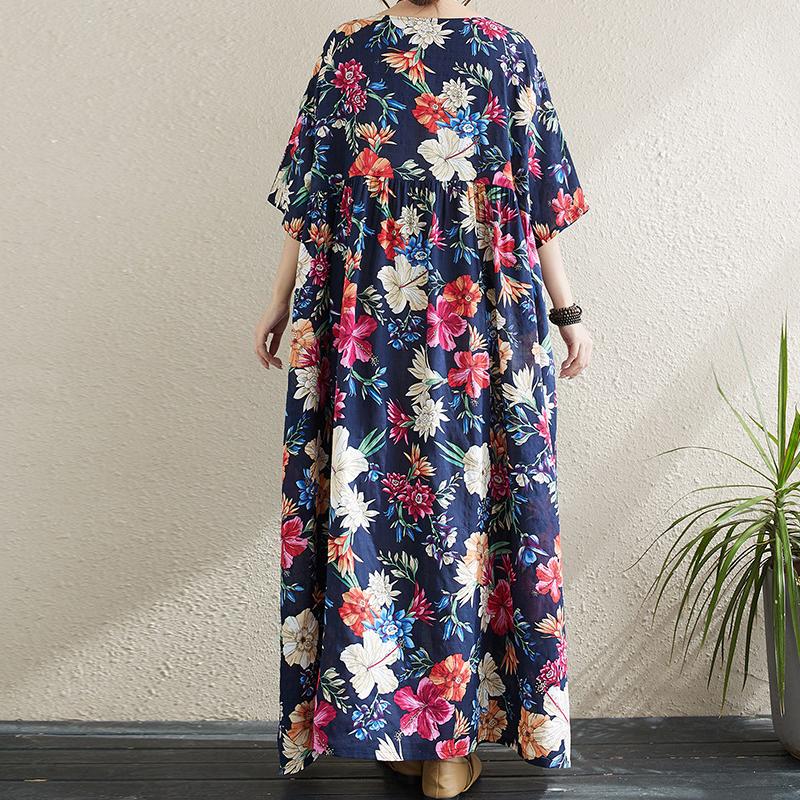 Johnature Simple Bohemian Dresses Women Summer O-neck Short Sleeve Floral Print Loose Navy Female Pockets Dresses