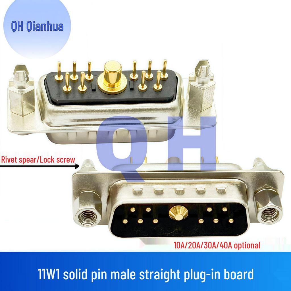 11W1 Male-Female Gold-Plated Solder Plug: High Current, 180° Straight Pin Connector