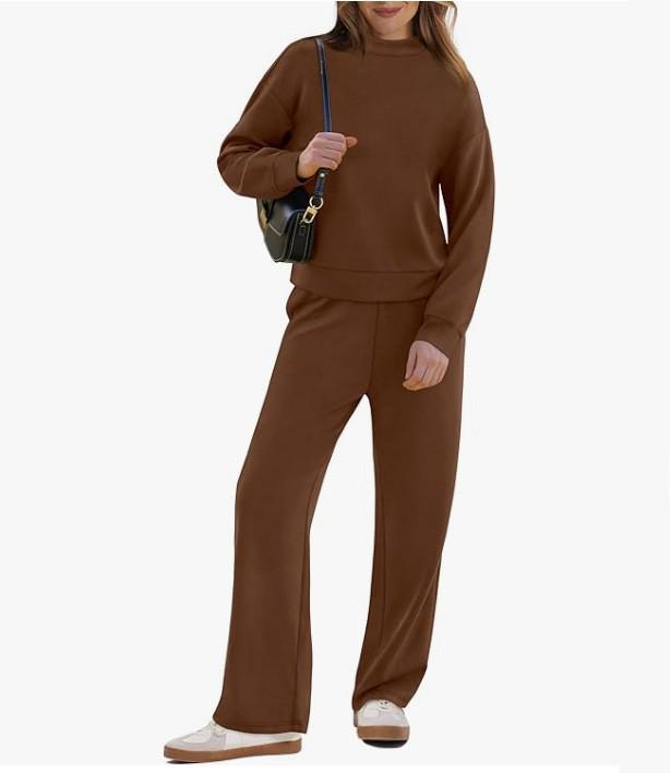 

Женский трикотажный костюм-двойка в европейско-американском стиле 2025: Топ с длинным рукавом и брюки широкого кроя L кофейный