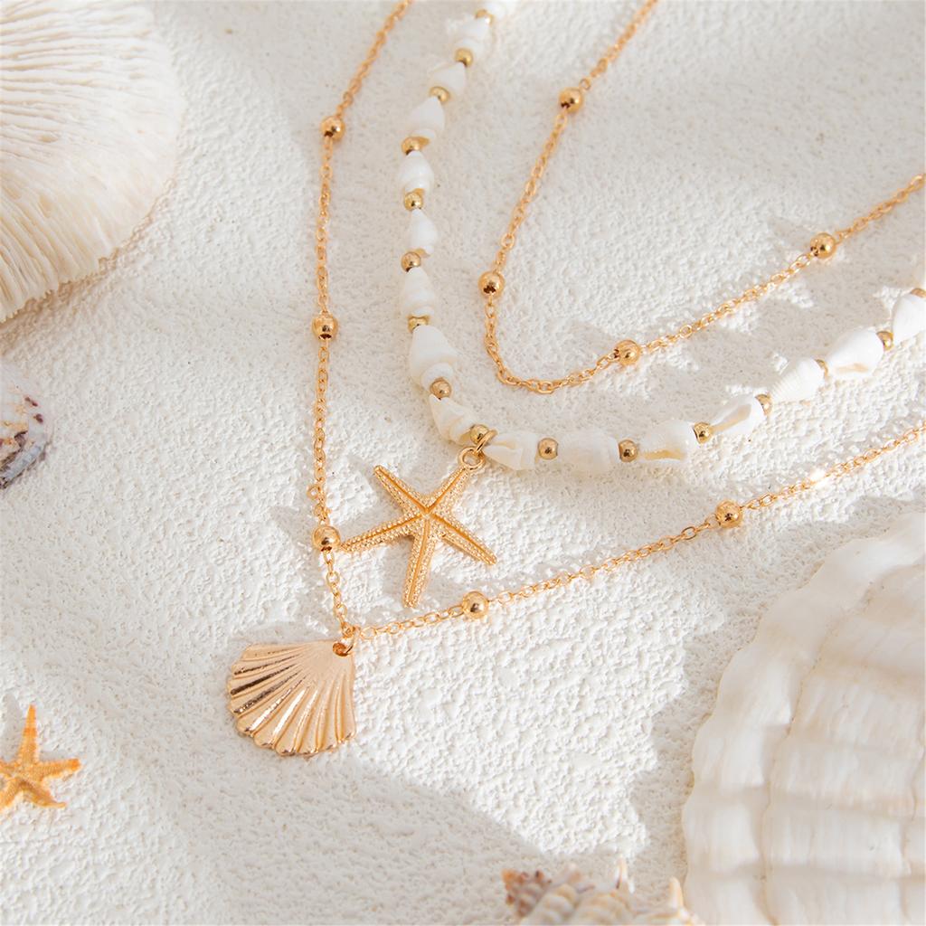 Bohemian Seashells Starfish Pearls Necklace Set Adjustable Tassels Clavicle Chain Beach Jewelry Accessory for Women
