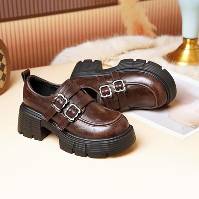 British Style Small Leather Shoes, Belt Buckle Velcro Women's 2026 Autumn and Winter New Retro Women's Thick-soled Thick Heel