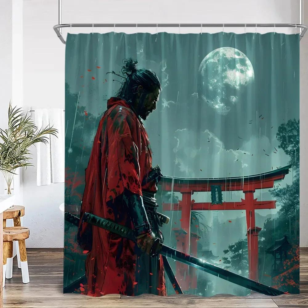 Warrior Samurai Shower Curtain Japan Shrine Red Full Moon Cherry Blossom Bathtub Decor Polyester Bath Curtain With Hook
