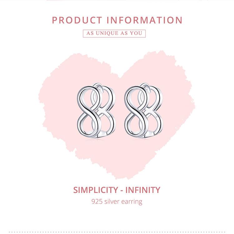 Bisaer 925 Sterling Silver Simple Fashionable Infinity Symbol Shape Stud Earrings for Women Wedding Fine Jewelry
