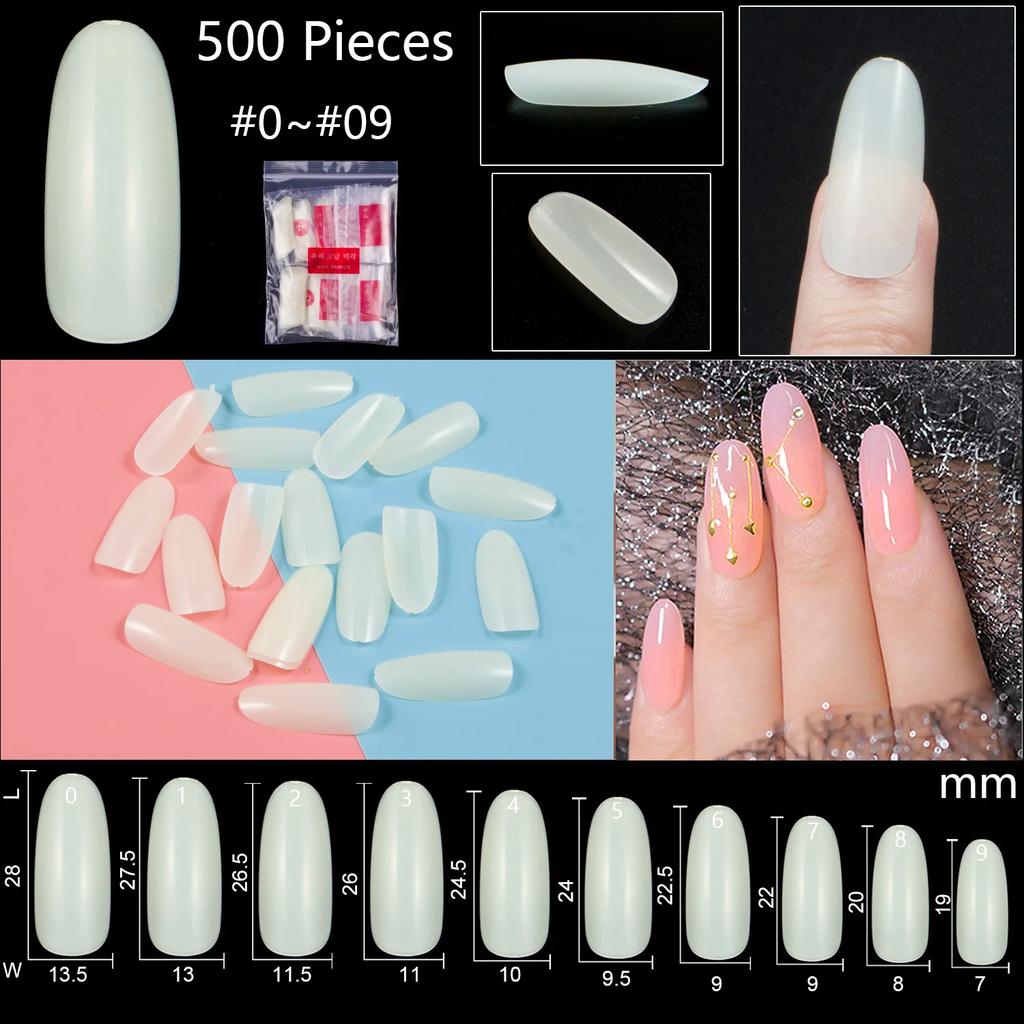 500PCS Natural Transparent Ballerina Almond  Round End Full/Half Ballet Coffin French False Nail Tips Fake Toenail Tip Manicure