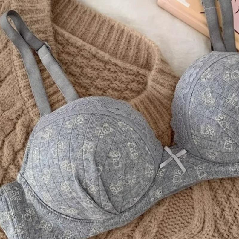 Light Blue Jacquard Lace Trim Underwire Bra with Bow Accent