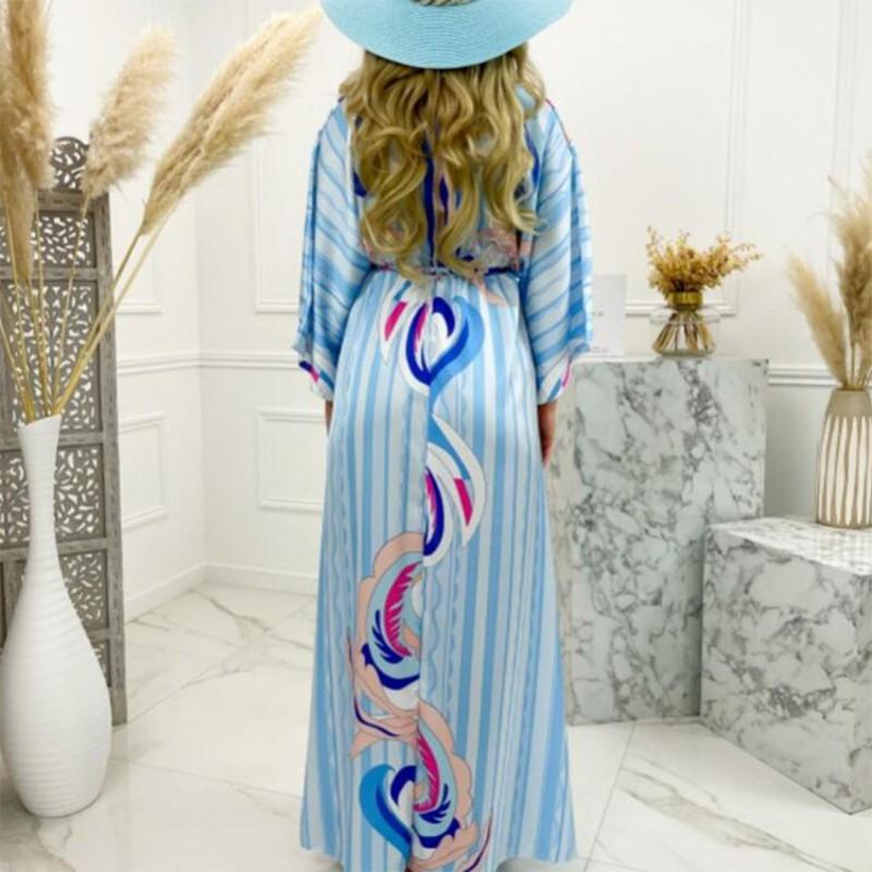 2026 Bohemian Loose V-Neck Split Hem Printed Maxi Dress Women Plus Size Flowy Long Sleeve Casual