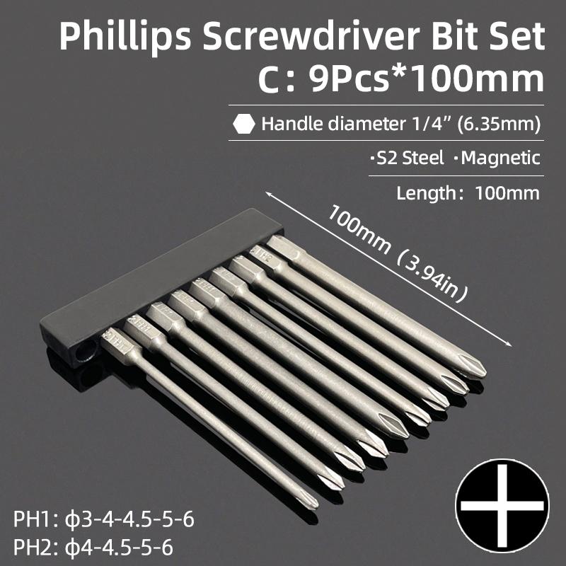 Cross Head Screwdriver Bits Set Magnetic Screwdrivers PH00 PH1 PH2 S2 Alloy Steel 1/4" Hex Shank Hand Tools 50/75/100/150mm