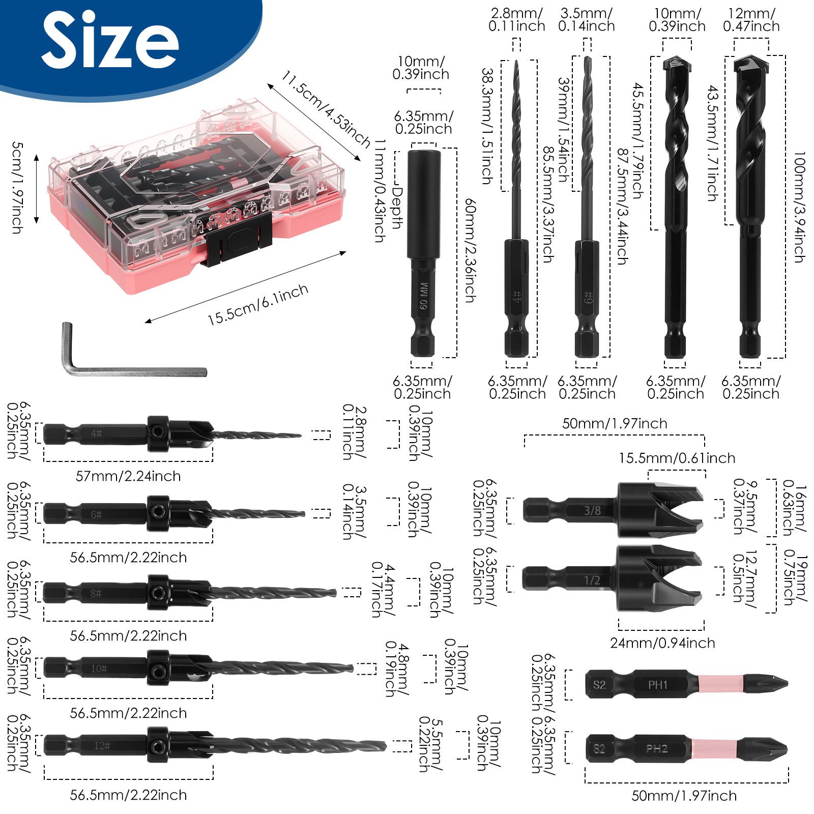 

Countersink Drill Bit Set Tapered Drill Bits Counter Sink Drill Bit with 2PCS Wood Plug Cutter 1/4 Hex Shank Quick Change