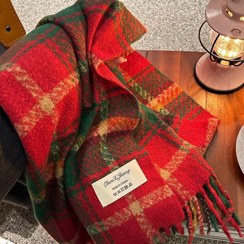 Christmas Plaid Scarf Women's New Winter Versatile Imitation Cashmere Shawl Thickened Warm Couple Fringed Scarf