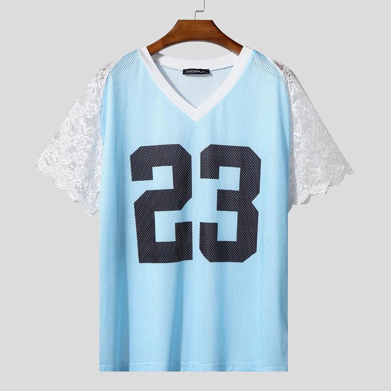 

INCERUN Men Lace Short Sleeve Hollow Patchwork Print Loose T-shirts Tee 5XL синий