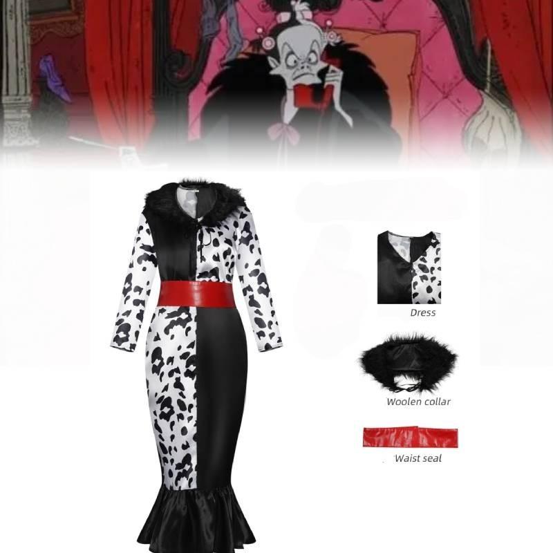 Fantasy-themed Cruella Cosplay Dress With Soft Fabric And Fur Collar