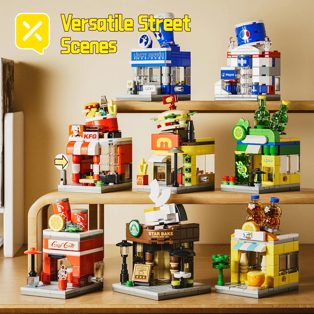 DIY Street Store Building Blocks Model Children Educational Toys Fast Food Restaurant Coffee Shop Puzzle Assembled Birthday Gift