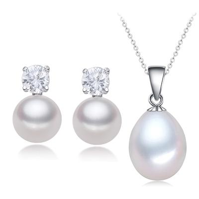 Wedding 925 Silver Freshwater Pearl Necklace Earring Set for Women,Real Natural Pearl Set Wife Mother Birthday Gifts White Black