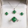 Geometric Four-Leaf Clover Pendant Set With Iced Green Chalcedony Inlay Vacuum Plated Copper Alloy Jewelry Men Women
