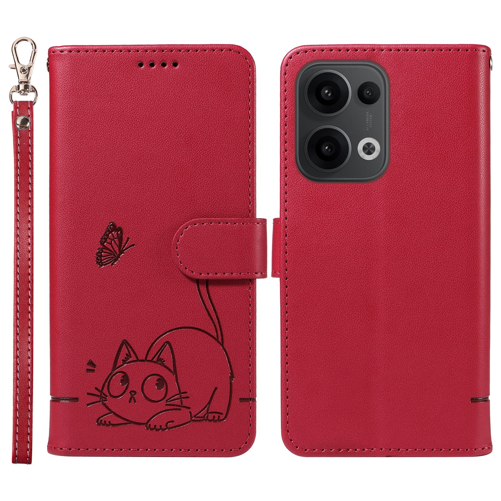 

Для Oppo Reno13 5G (Глобальний) Чохол-гаманець з ремінцем на зап ястя, тиснення у вигляді кота, шкіряний чохол для телефону Red