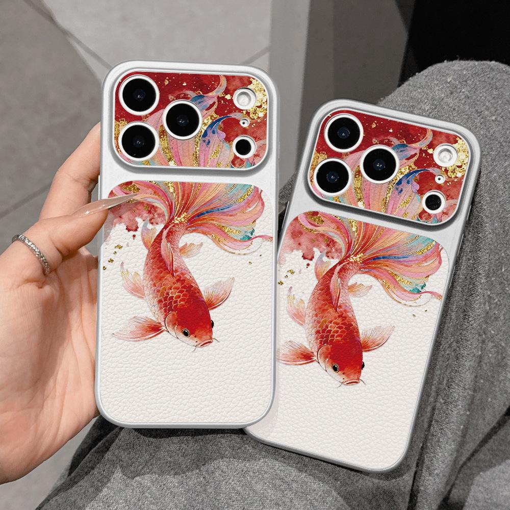 Electroplated lambskin colored koi is suitable for Apple 16/15/14/13promax mobile phone case 12/11 anti-drop