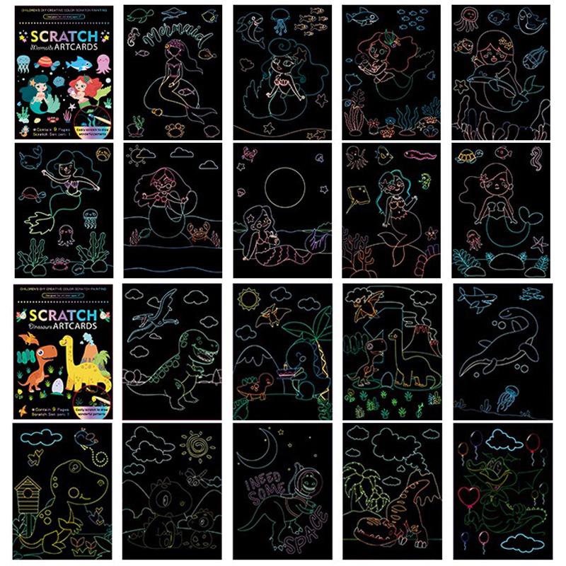 18 PCS Scratch Painting Papers Magic Rainbow Colored Drawing Set Space Animal Ocean Pirate Bamboo Stick Gifts for Boys Girls ZYF