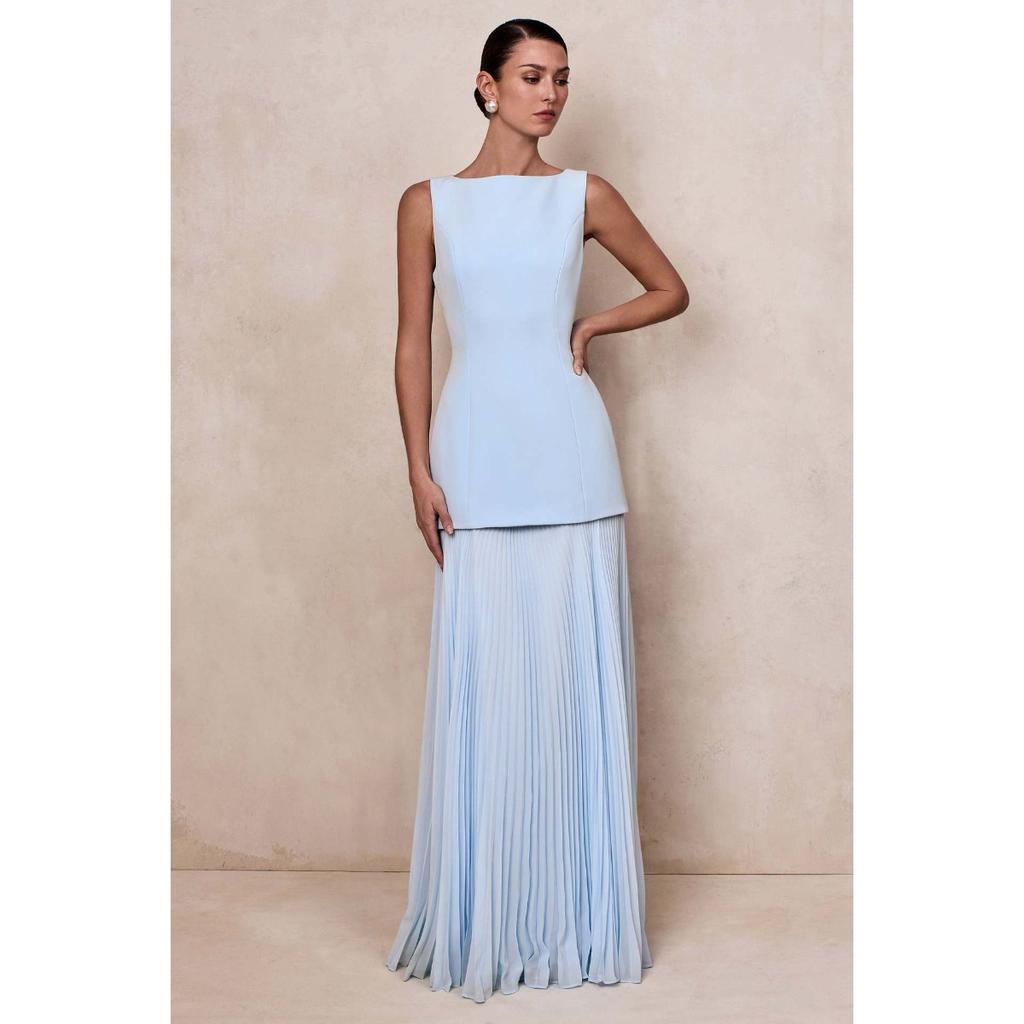 New European American Style Elegant Solid Color Sleeveless Pleated Long Flowy Maxi Dress for Women