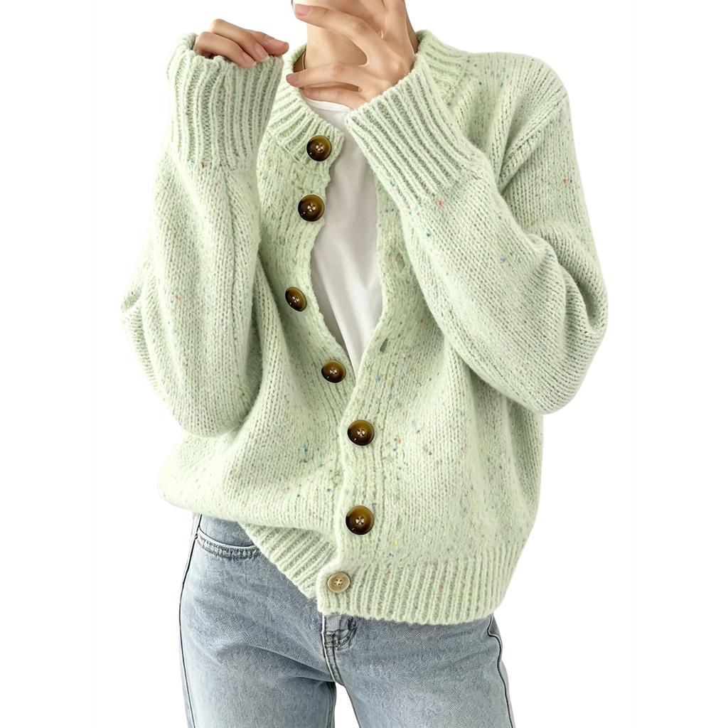 Women's Long Sleeve Button Front Round Neck Knit Cardigan for Casual Everyday Wear