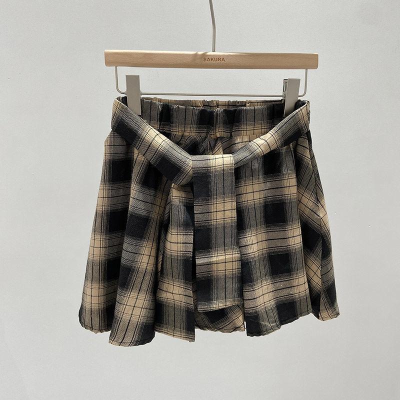 Streetwear Plaid Skirt for Women Spring Summer Vintage Hong Kong Style Irregular Skirt Pants All-match