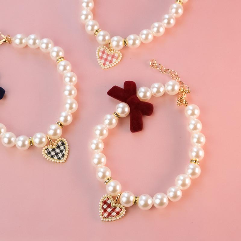 Pet Bow Pearl Collar Cat Jewelry Heart Pendant Necklace Dog Sweet Decorations Puppy Rhinestone Collar Chihuahua Accesorios