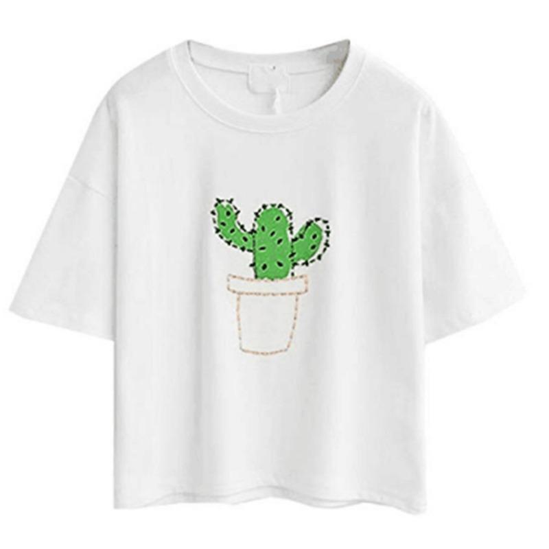 Damen Sommer Neu Einfach Kurz Kaktus Stickerei Kurzarm Nabel Baumwoll-T-Shirt