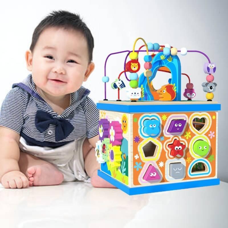 Large Wooden Multifunctional Educational Bead Box For Kids With Shape Sorting And Sensory Play Features