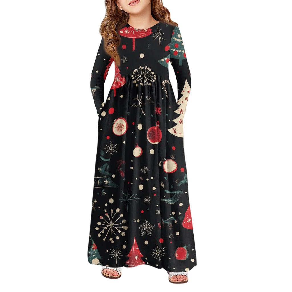 Girls' Maxi Dress - Long Sleeve Pocket Dress Christmas Day