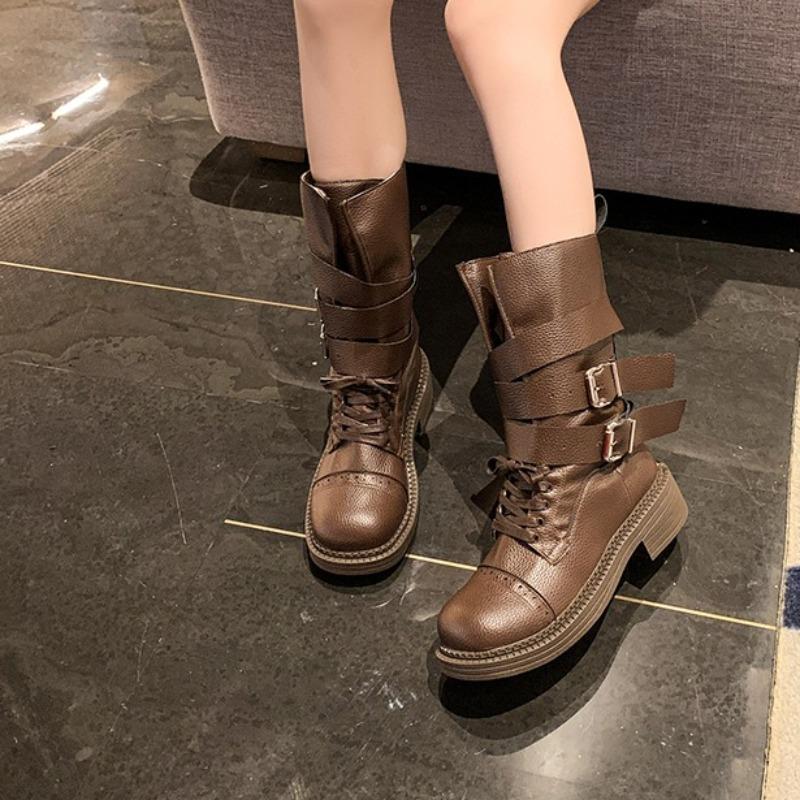 Fashion Retro British Style Mid-leg Boots Women's Spring and Summer New Block Heel Belt Buckle Versatile Single Boots